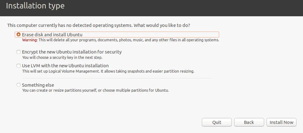 Selecting the installation type for Ubuntu.
