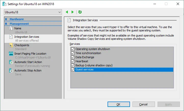 Selecting which Integration Services must be enabled on a Hyper-V VM running Ubuntu.