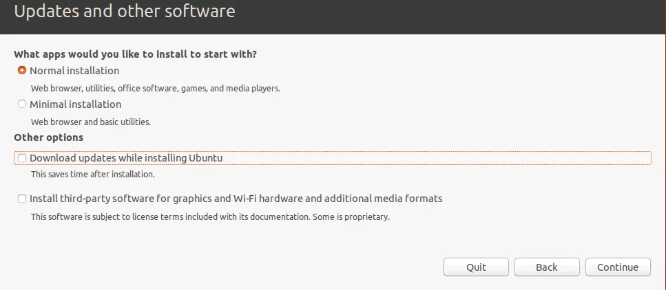 Selecting which components to install for Ubuntu.