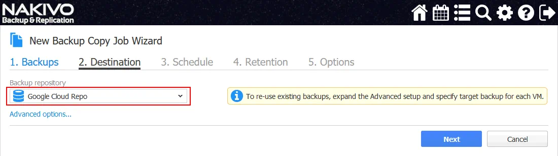 A backup copy job - setting destination options for storing a backup to Google Cloud with NAKIVO Backup & Replication