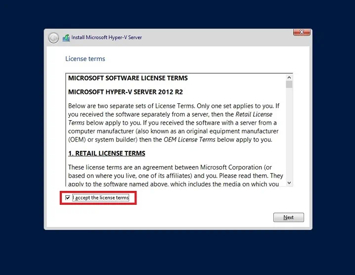 Accepting License Terms for Hyper-V Core Installation