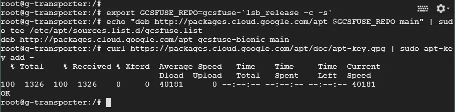Adding a package repository to the Google instance running Linux for installing gcsfuse.