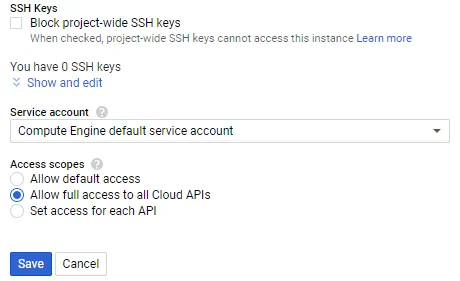 Allow full access to all Cloud APIs must be enabled to have write permissions for the bucket used for backup to Google Cloud.