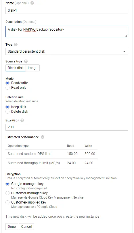 Configuring a virtual disk for the Google Cloud instance to be used as Google Cloud storage.