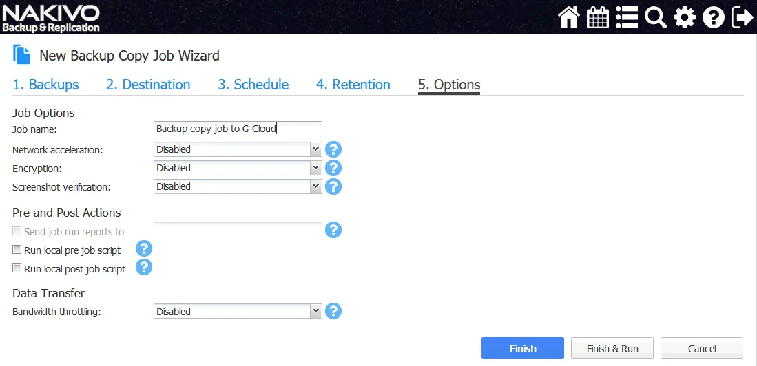 Configuring job options for VM backup to Google cloud by using the backup copy method