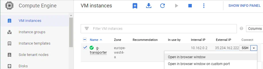 Connecting to the Google Cloud Instance via SSH for management and configuring backup to Google cloud.