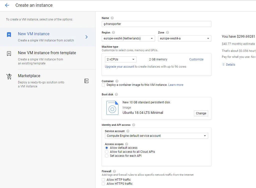 Create an instance – customize your new Google Cloud instance for backup to Google Cloud Storage.