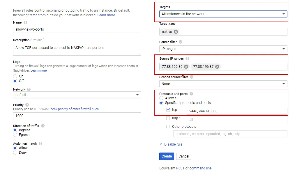Creating a new firewall rule in Google Cloud to make possible network connections between Transporters used for backup to Google Cloud with NAKIVO Backup & Replication.