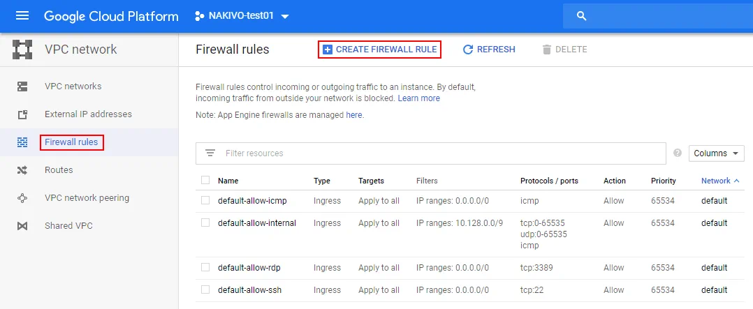 Editing firewall rules in Google Cloud.
