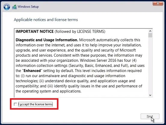 Contrato de licencia en Windows Server 2016