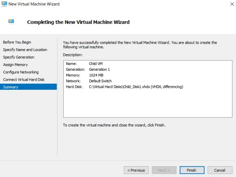 Completing the New VM Wizard (Hyper-V Differencing Disks)