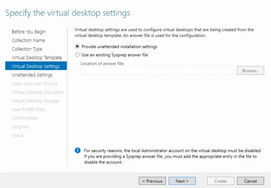Specifying the virtual desktop settings in Hyper-V VDI deployment