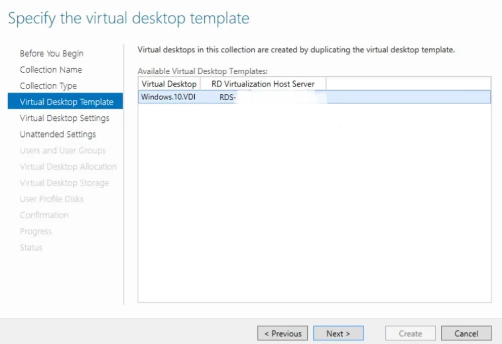 Specifying the virtual desktop template in Hyper-V VDI deployment