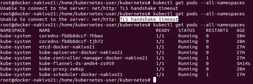 Checking pods of the Kubernetes cluster after passing the error Unable to connect to the server net http TLS handshake timeout