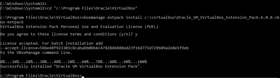 How to install VirtualBox Extension Pack with VBoxManage in the Windows console