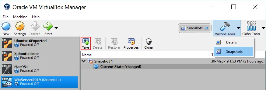 How to use VirtualBox VM snapshots.
