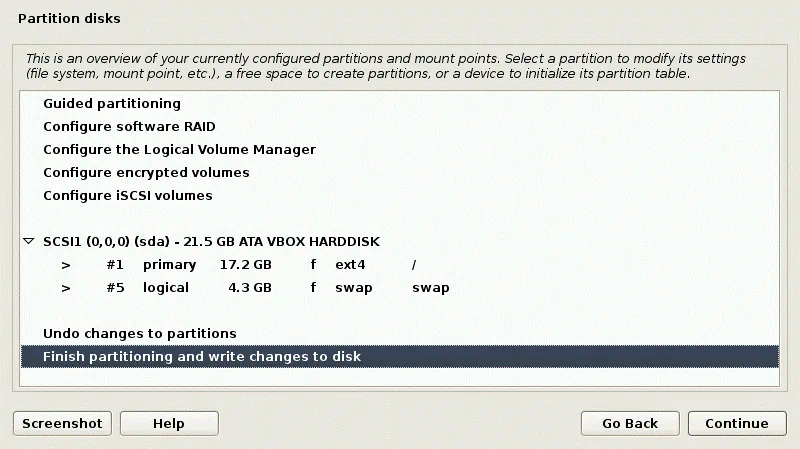 Installing Kali Linux on VirtualBox – finishing disk partitioning