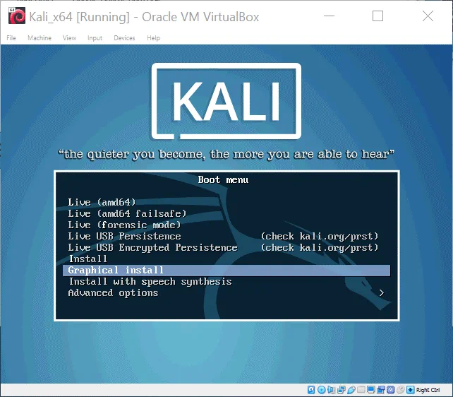 Installing Kali Linux on VirtualBox – select Graphical install