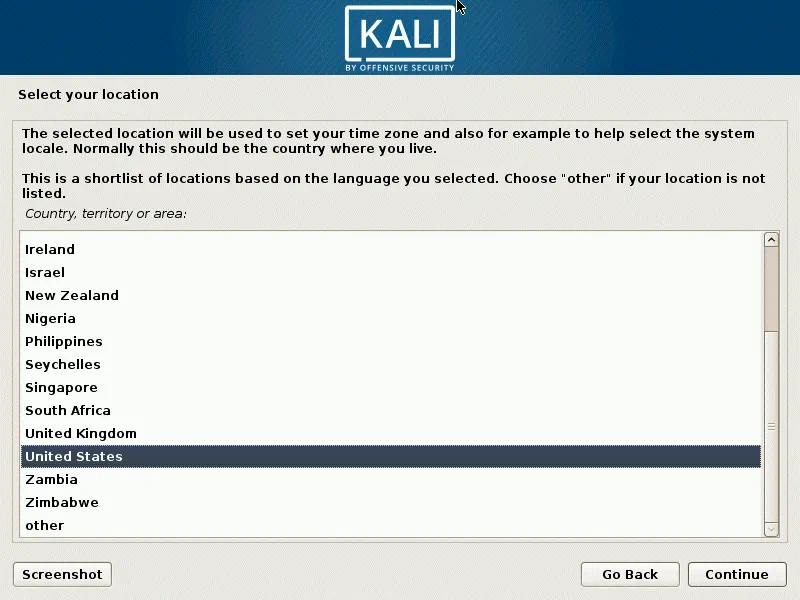 Installing Kali Linux on VirtualBox – select your location