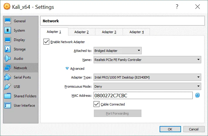 Kali Linux on VirtualBox – configuring VM network settings