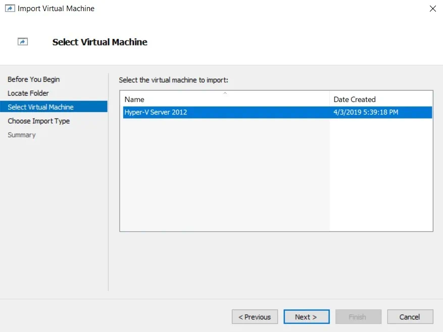 Select Virtual Machine (How to Import Hyper-V VMs)