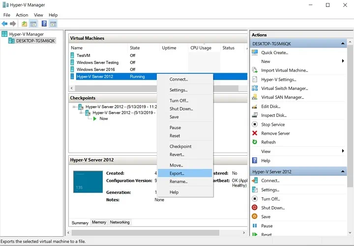 Selecting the VM (How to Export Hyper-V VMs)