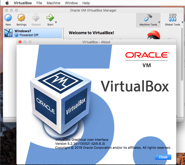 VirtualBox version 5.2.30 before updating on Mac.