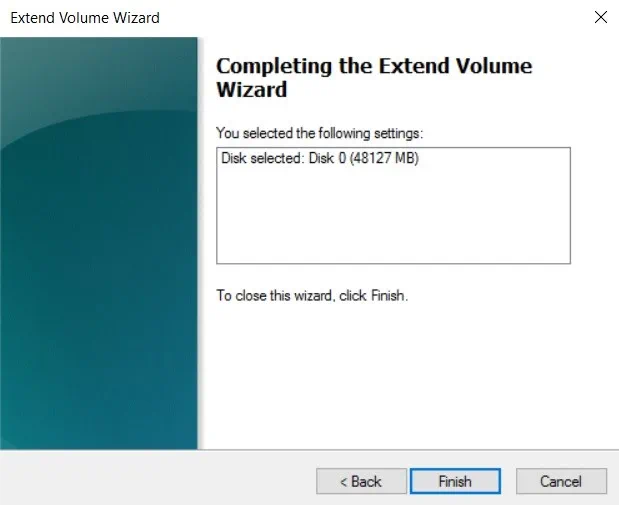 Completing the Wizard (Increase Disk Size in Hyper-V)