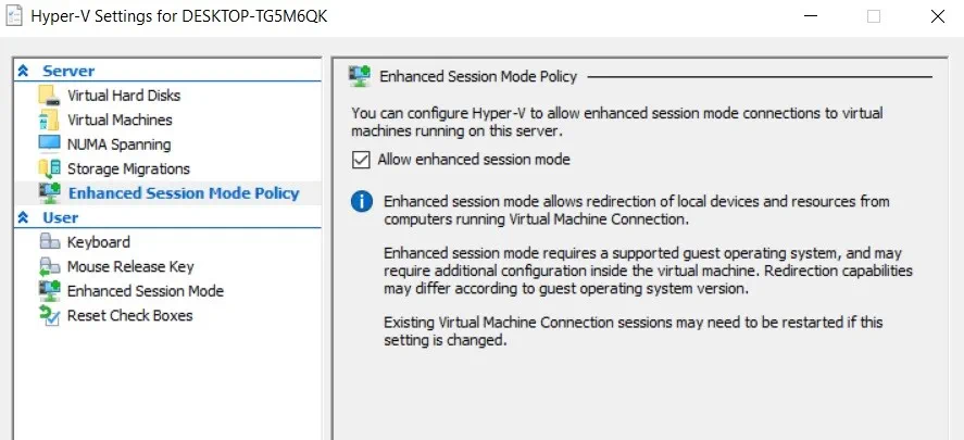 Enhanced Session Mode Policy (Hyper-V USB Passthrough)