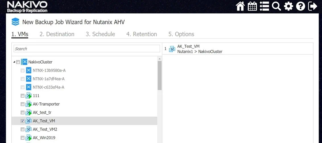 Selecting VMs for Backup Job (Nutanix AHV Backup)