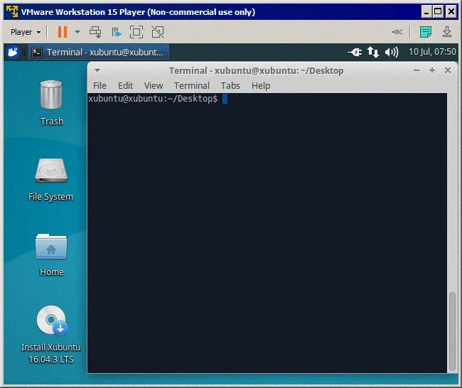 The Xubuntu VM is running on VMware Player 15