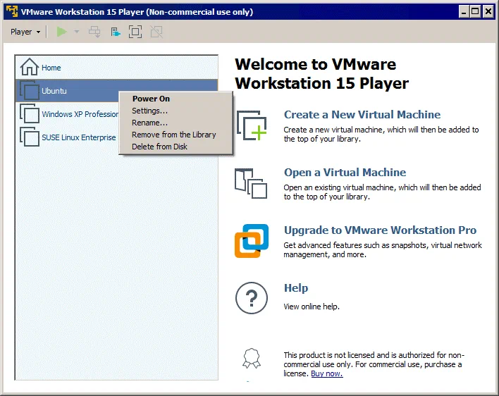 The graphical user interface of VMware Player