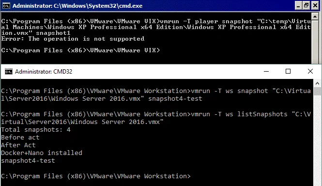 VMware Workstation Pro vs Player – snapshots are not available in VMware Player if using the CLI