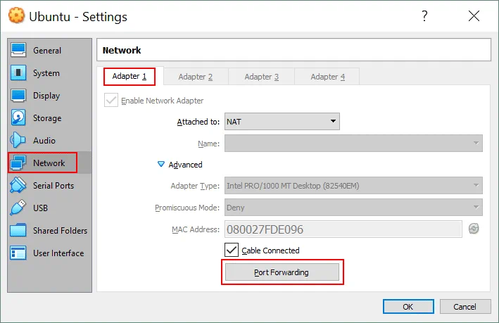 VirtualBox network settings – configuring port forwarding for the NAT mode