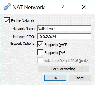VirtualBox network settings – configuring the NAT Network