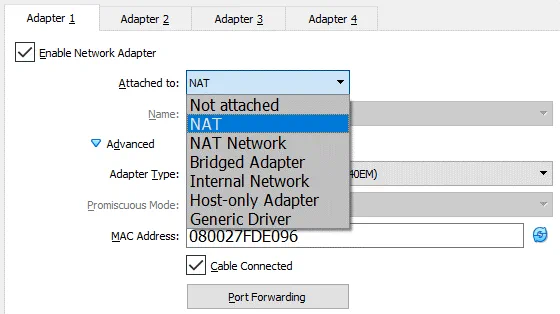 VirtualBox network settings – selecting a network mode for the virtual network adapter