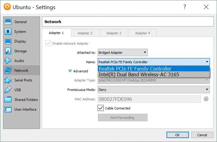 VirtualBox network settings – selecting an adapter for the Bridged network mode