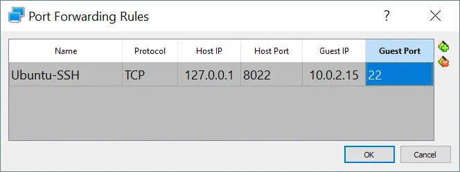 VirtualBox network settings – the SSH port forwarding rule is created