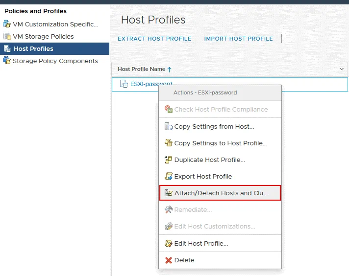 Attaching the host profile to the ESXi host whose ESXi password must be changed.