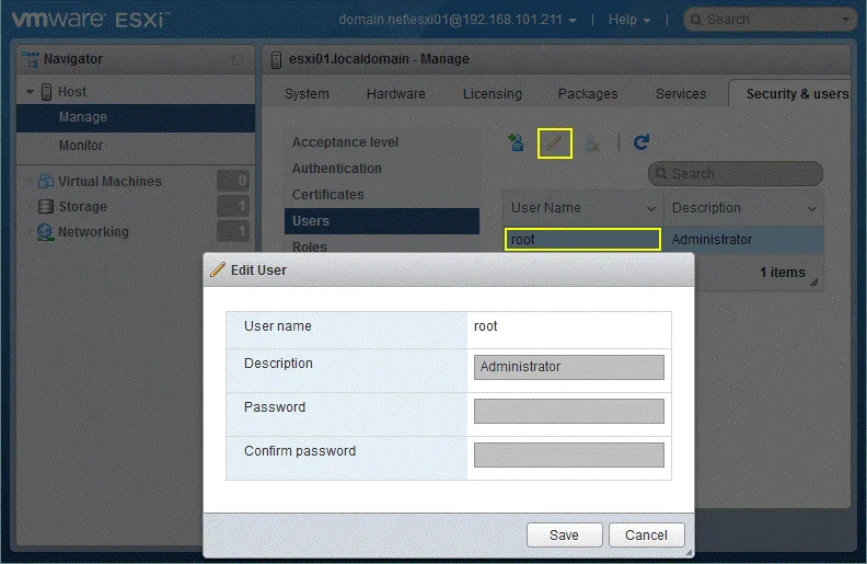 Changing an ESXi password for root after logging in with domain credentials.