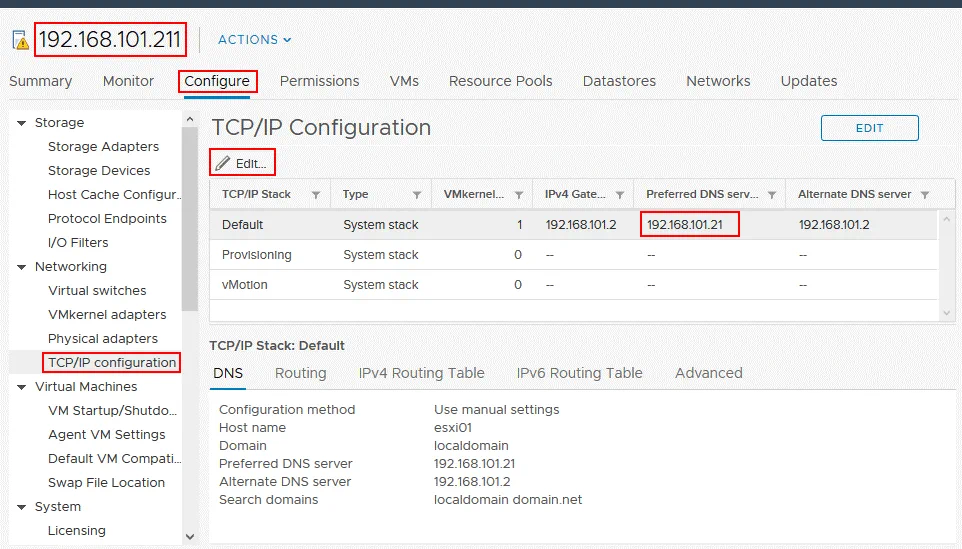 Configuring DNS server options for the ESXi host whose password must be reset.
