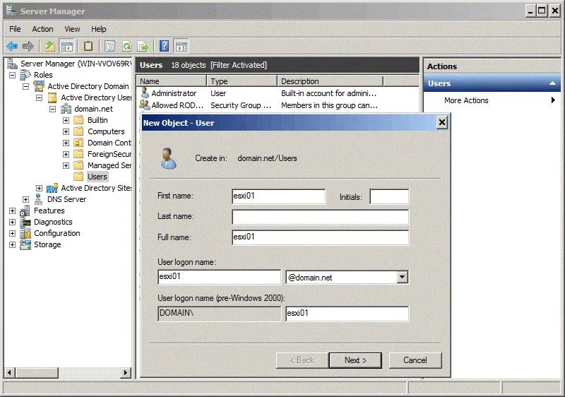 Creating a new user in Active Directory for further changing the ESXi password for root.