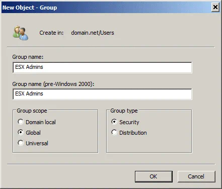 Creating the ESX Admins group in Active Directory for authentication without using an ESXi password and login.