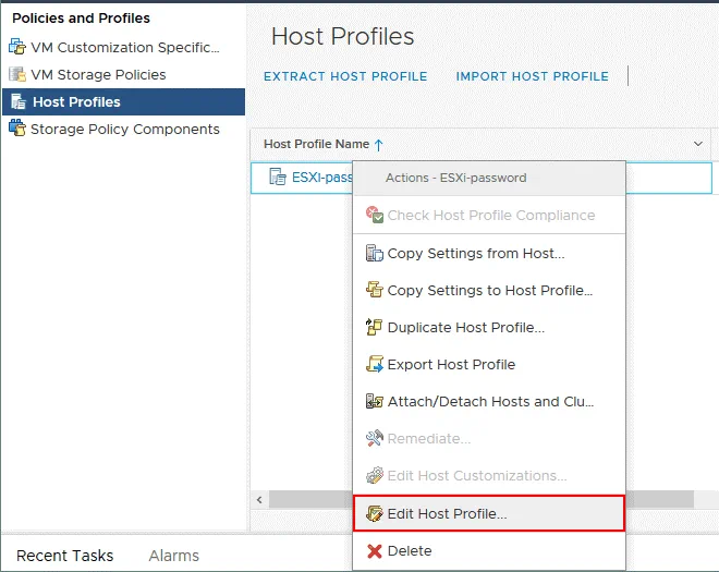 Editing a host profile for changing the forgotten ESXi password for the root user.