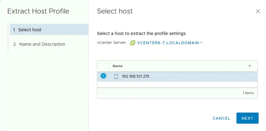 Selecting a host, ESXi password for which is known, to extract the host profile.
