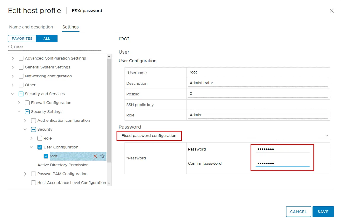 Setting a new ESXi password for the root user in the VMware host profile.