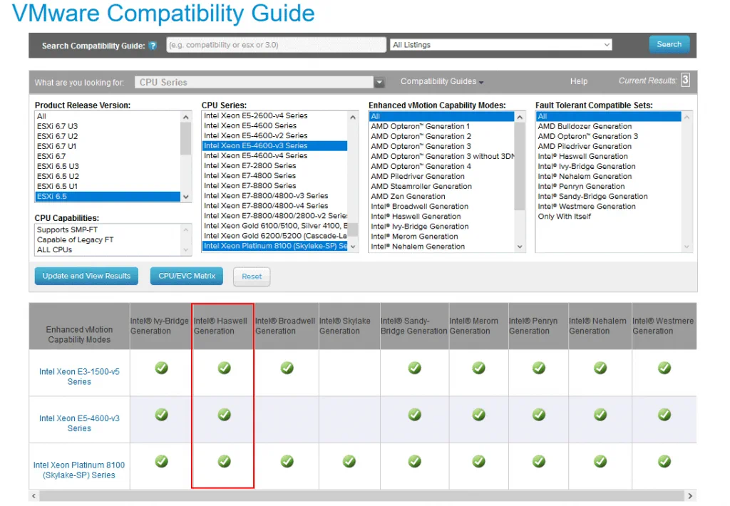 Checking the best suitable EVC mode in the VMware Compatibility Guide
