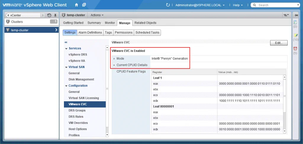 VMware EVC mode is enabled for the entire cluster in vCenter