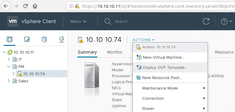Deploying the OVF template on an ESXi host to finish the VMware P2V Linux conversion