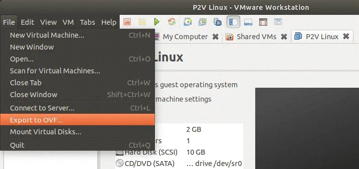 Exporting a VM to an OVF template to finish VMware P2V Linux conversion and import the VM on an ESXi host